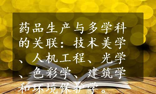 药品生产与多学科的关联：技术美学、人机工程、光学、色彩学、建筑学和环境保护学。