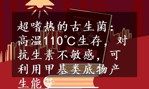 超嗜热的古生菌：高温110℃生存，对抗生素不敏感，可利用甲基类底物产生能量