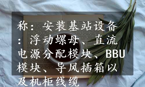 称：安装基站设备：浮动螺母、直流电源分配模块、BBU模块、导风插箱以及机柜线缆