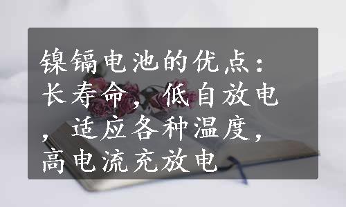 镍镉电池的优点：长寿命，低自放电，适应各种温度，高电流充放电