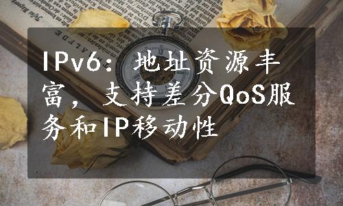 IPv6：地址资源丰富，支持差分QoS服务和IP移动性