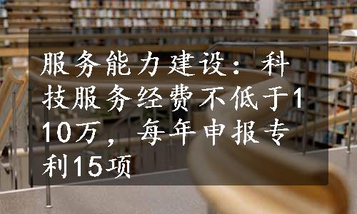 服务能力建设：科技服务经费不低于110万，每年申报专利15项