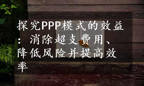 探究PPP模式的效益：消除超支费用、降低风险并提高效率