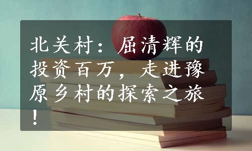 北关村：屈清辉的投资百万，走进豫原乡村的探索之旅！