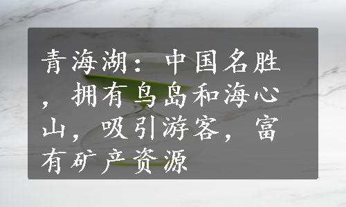 青海湖：中国名胜，拥有鸟岛和海心山，吸引游客，富有矿产资源