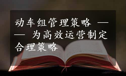 动车组管理策略 —— 为高效运营制定合理策略